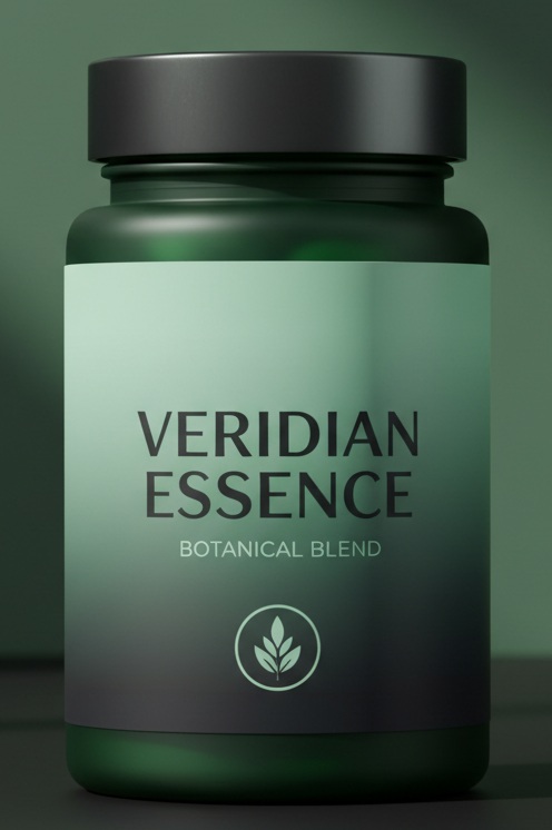 Veridian Essence product bottle in dark green Scandinavian style composition